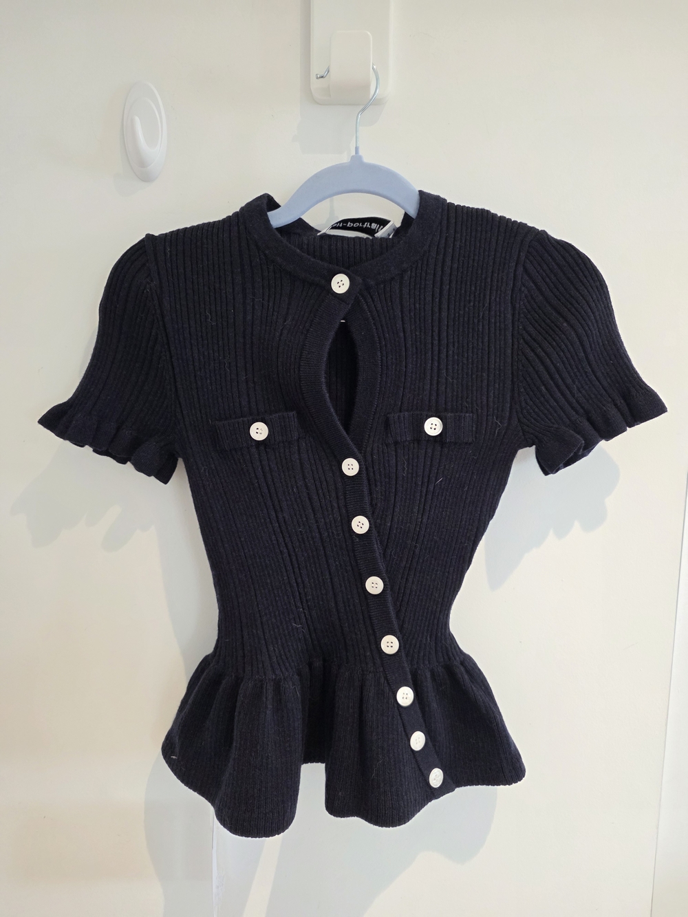 Self-Portrait Navy Ribbed Peplum Top with White Buttons - Picture 4 of 7
